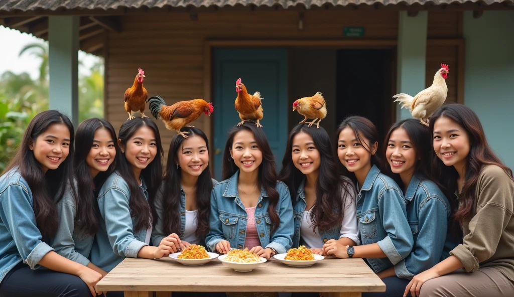 9 Beautiful Indonesian Women, his body is quite fat, fair skin, big nose, long wavy hair, wearing a denim jacket, long pants, wearing pink sneakers, sit down, eating position, on the table there is a plate of noodles and there are several free-range chickens standing on the woman&#39;s shoulders and head , happy faces all facing the camera, in front of the country house, morning mood, minimal defects, very detail, realistic, 8K picture