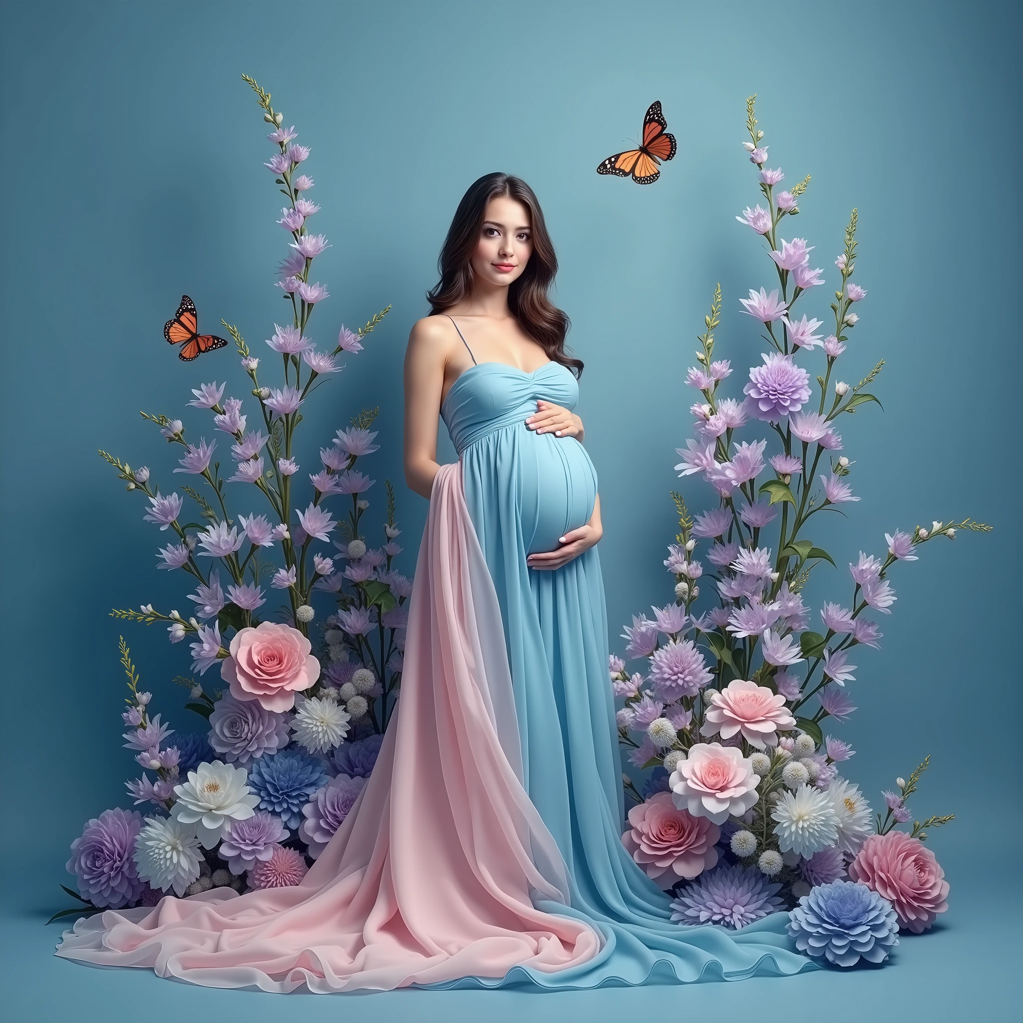 pregnant woman in a blue gown surrounded by flowers and butterflies, a colorized photo by Elena ????, trending on cg society, conceptual art, blue and pink colors, blue and pink color scheme, blue and pink, maternal photography 4 k, pastel blues and pinks, pink and blue colors, pink and blue colour, blue and pink colour splash, pink and blue