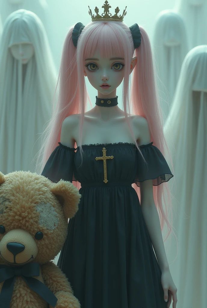 young woman、、white、Pink Hair、Long Hair、Twin tails、Expressionless、Big eyes、Iris、、thin、wears a small crown,、Black off-the-shoulder dress、There is a big cross in the middle of the dress.、周りにwhiteい幽霊がたくさんいる、Genuine、8k、High resolution、Live Action、I have a large, dirty, distorted patchwork teddy bear.。.