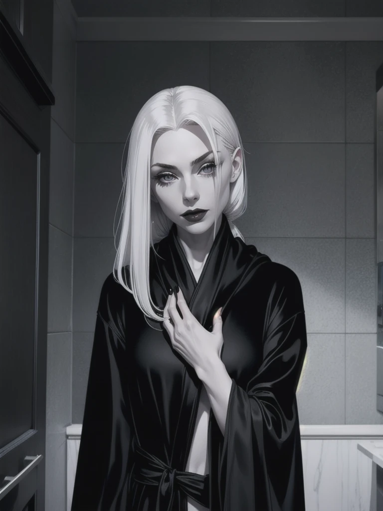 beautiful platinum haired woman, pale skin, draped in black silk bathrobe
