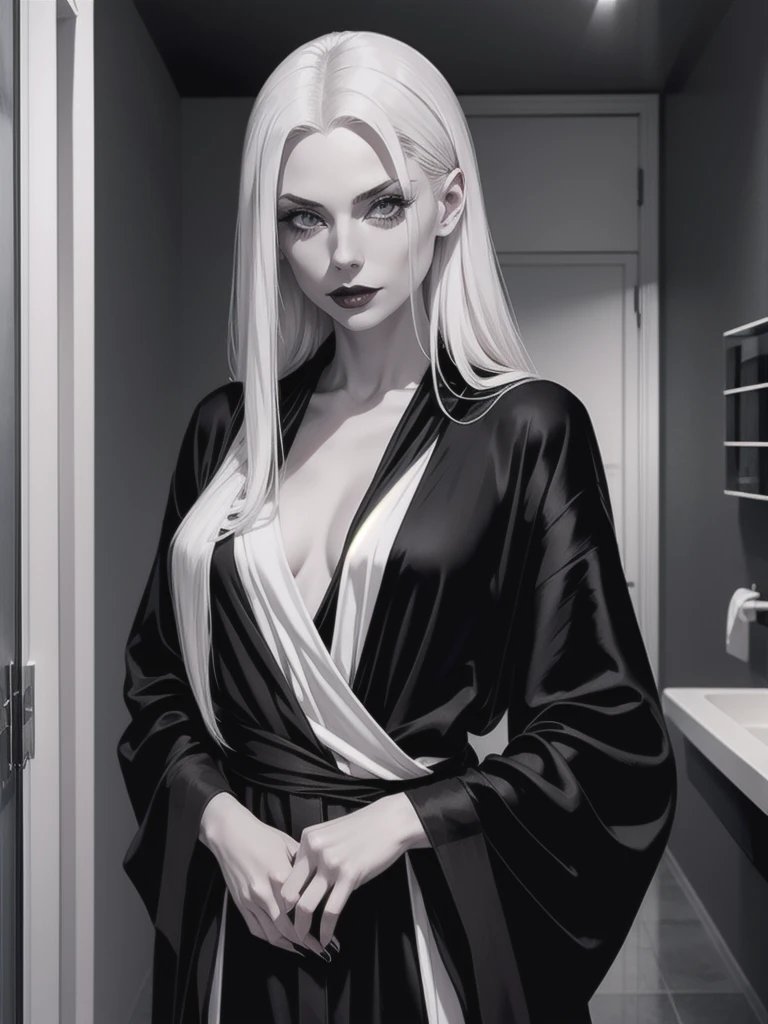 beautiful platinum haired woman, pale skin, draped in black silk bathrobe