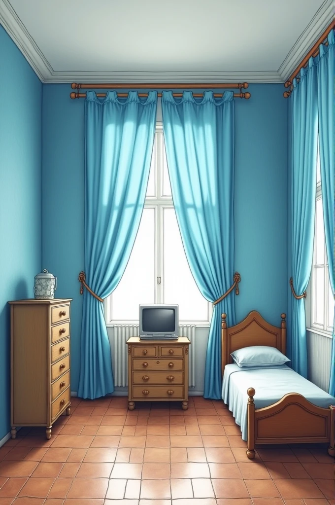 Please draw a realistic room measuring 3 meters by 3 meters.
On each wall, place exactly three sky-blue curtains, all of the same size. The curtains should be perfectly organized and closed, completely covering the walls behind them. There should be no windows or any other details behind the curtains, only the walls.
In one corner of the room, place a simple bed with an antique wooden headboard. The headboard should be against the back wall, and the left side of the bed should be against the left wall.
On the wall directly in front of the bed, place a rack with six drawers, positioned horizontally in the middle of the wall. On top of the rack, place an old tube television.
The floor should be made of old, brownish tiles.
Do not add any details other than those described. Be precise with the quantities and placements specified: exactly three curtains on each wall, no windows, and no additional items.