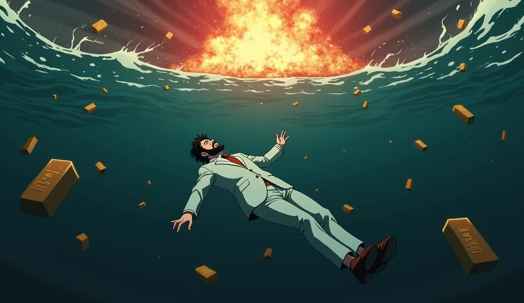 Create a anime style landscape image. an anime style under the water image showing a surreal and dramatic scene of a male person in a white suit, white shoes, and sinking into deep, The man has dark hair, thik beard and light skin, dark waters, surrounded by floating gold bars. The figure appears to be floating helplessly, as if falling through the water, with their arms extended and head tilted back. and "his body is oriented horizontally with his back facing the viewer". Above the surface of the water, visible through the distorted view of the depths, there is a fiery explosion, casting a chaotic blend of red, orange, and yellow light onto the water. The gold bars around the person seem to be floating and tumbling through the water, giving the impression of wealth lost in the chaos. The mood should be somber and intense, highlighting themes of loss, wealth, and the overwhelming force of destruction. Camera view left side long shoot.