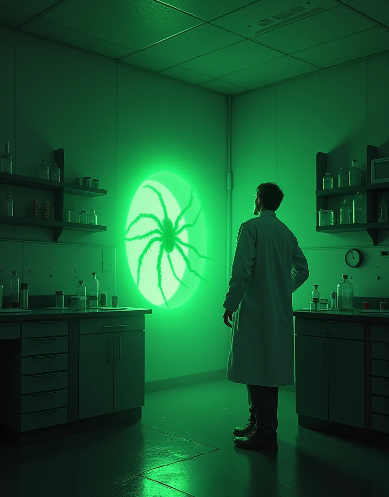 A corner of the lab with a glowing green portal just appeared, smaller but similar space gate in the city. A giant but smaller spider is crawling out of the gate, Kevin turned his head and looked at him in horror., hand still holding a laboratory instrument.