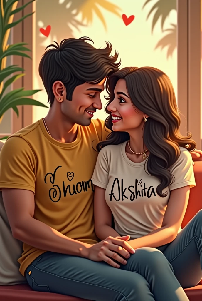 A men name shivam and a girl name akshita sitting and there t shirt has printed mamen name shivam and girl name akshita