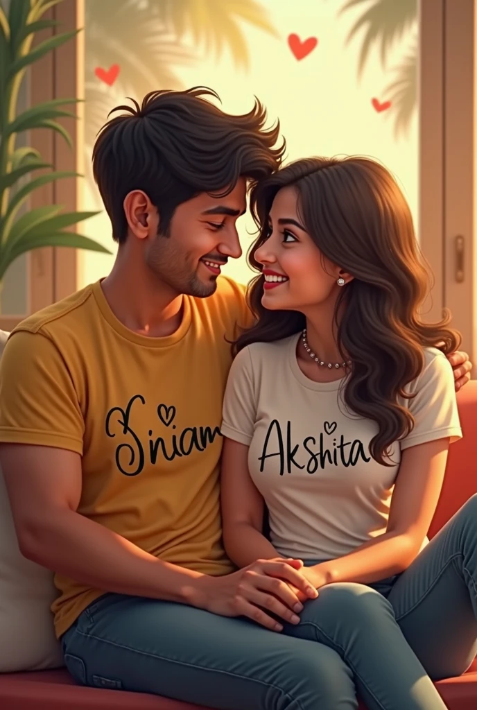 A men name shivam and a girl name akshita sitting and there t shirt has printed mamen name shivam and girl name akshita 