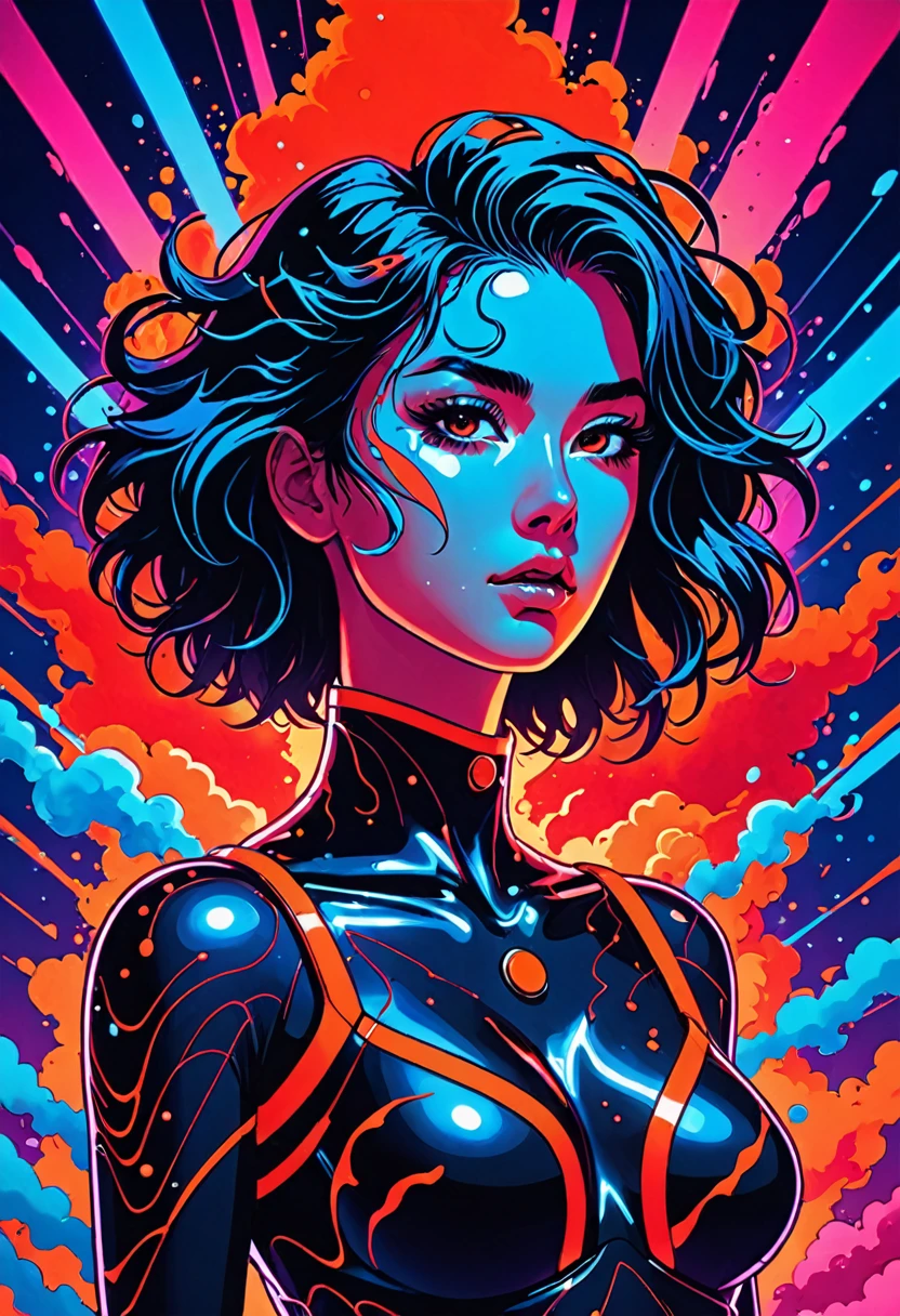 Vaporwave, 2d anime art illustratuon, moxin, ink splatters and bold brush lines, dark silhouette of a woman in a pitch black void, orange rim lighting gradually changing into red room lighting, eyes glowing with cold blue light, rising smoke, fever dream, chrome skin, volumetric lighting, subsurface scattering, godrays, frosted particles