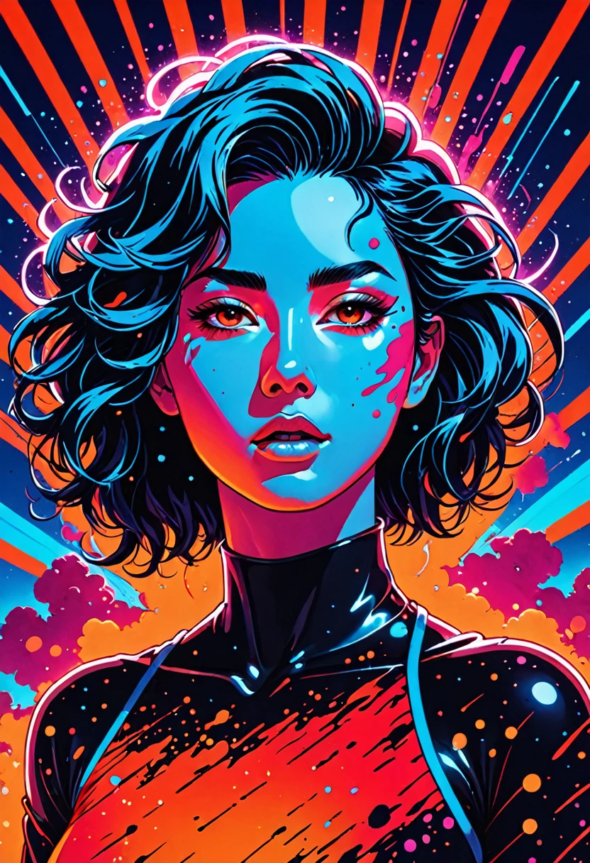 Vaporwave, 2d anime art illustratuon, moxin, ink splatters and bold brush lines, dark silhouette of a woman in a pitch black void, orange rim lighting gradually changing into red room lighting, eyes glowing with cold blue light, rising smoke, fever dream, chrome skin, volumetric lighting, subsurface scattering, godrays, frosted particles