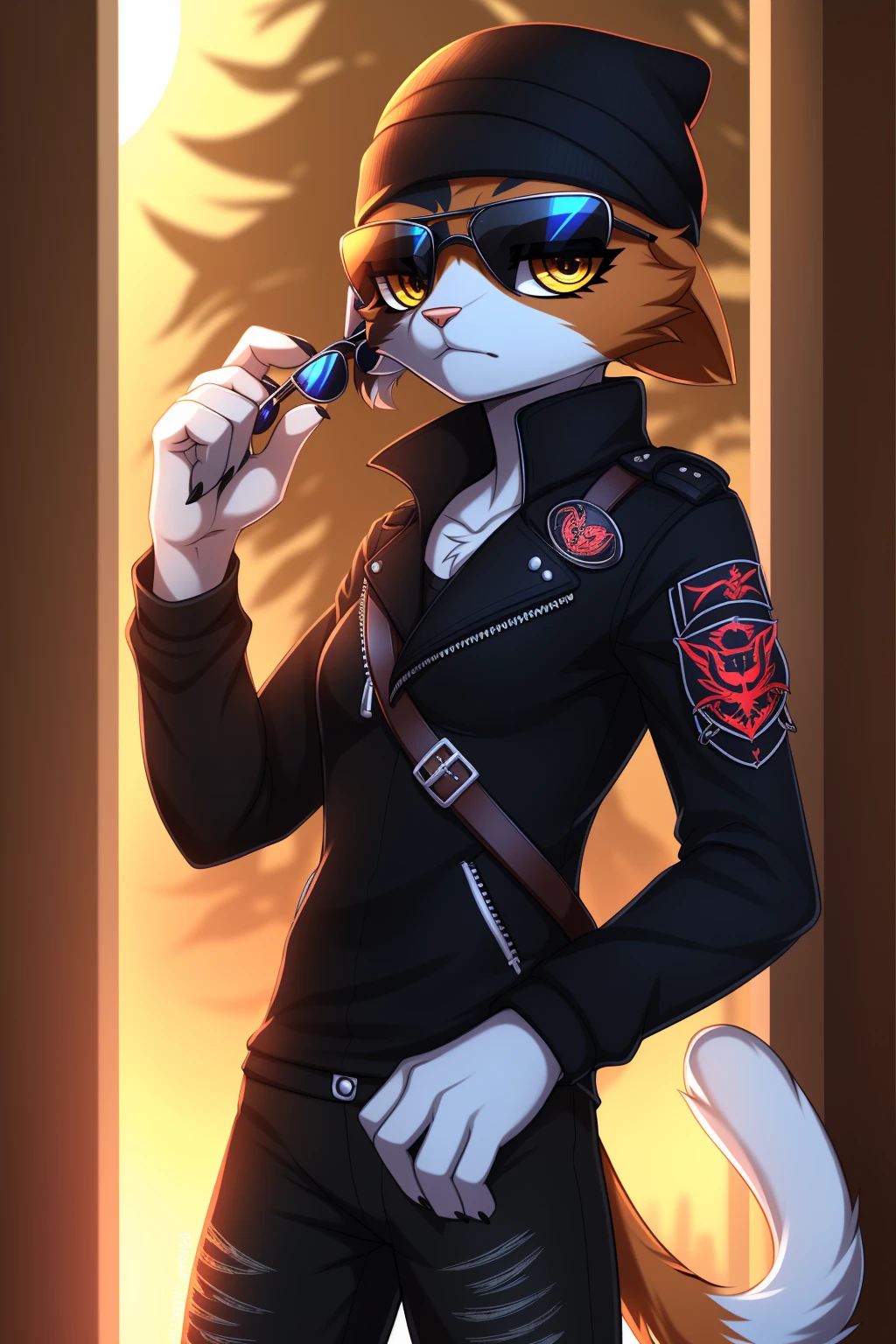 By zinfyuu on pixiv,by twistedscarlet60, uploaded on pixiv, by fluff-kevlar, (masterpiece), (best quality), (anthro furry:1.3, snout:1.2, anthro:1.3, furry:1.2, solo female:1.2), (extremely detailed:1.3), (Detailed eye part: White lens, yellow iris,black cornea), tall, slim body, two tone fur, beenie, meow skulls, meowskulls, black leather jacket:1.5), black jacket, leather jacket, black leather pants, black pants, leather pants, (sunglasses:1.2), rectangular sunglasses, dark sunglasses, dark sunglasses, black sunglasses, serious face, serious expression