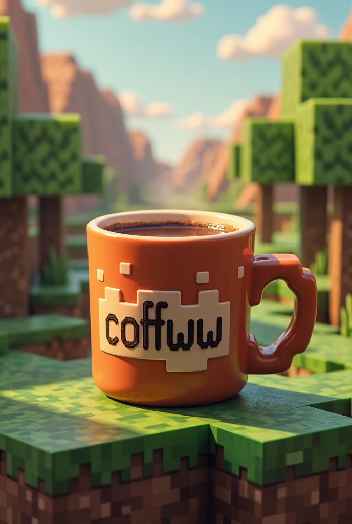 a banner with a cup of coffee in the shape of minecraft written coffww with a minecraft background also on average 1200 x 480 with a maximum of 10mb