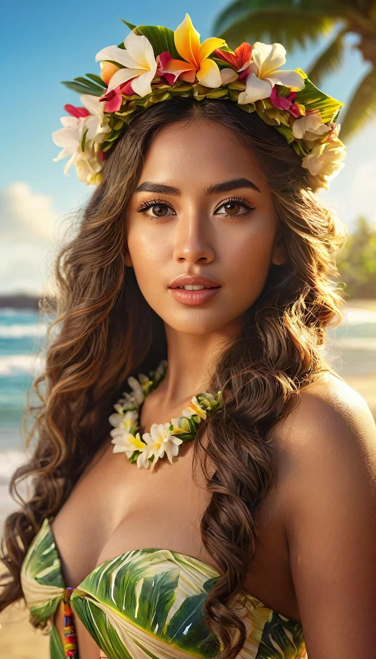1 hula dancer, beautiful detailed eyes, beautiful detailed lips, extremely detailed face and skin, long wavy brown hair, wearing flower crown, hula skirt, hula top, beautiful detailed hands, tropical beach background, palm trees, ocean waves, golden hour lighting, cinematic, highly detailed, photorealistic, 8k, ((best quality)), ((masterpiece)), ((ultra-detailed)), ((realistic)), ((vivid colors)), ((natural lighting)), concept art