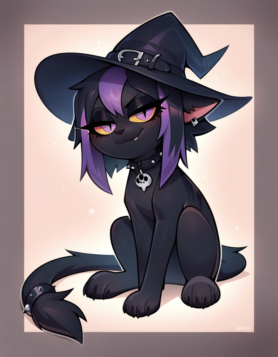 (score_9, score_8_up), score_7_up, score_6_up, best quality, highest quality, (feral), Goth girl, cat, furry, anthro, sitting, solo, official style, (witch hat), animal, (body fur), (black body, black skin, black fur), eyelashes, eyeliner, (black hair, purple hair, streaked hair), (messy hair, wild hair), animal ears, slit pupils, expressive eyes, beautiful eyes, smirk, fang, purple stripes, thin tail, tail ring, punk, piercings, collar, stockings, paws, uncensored, detailed background, jizoku