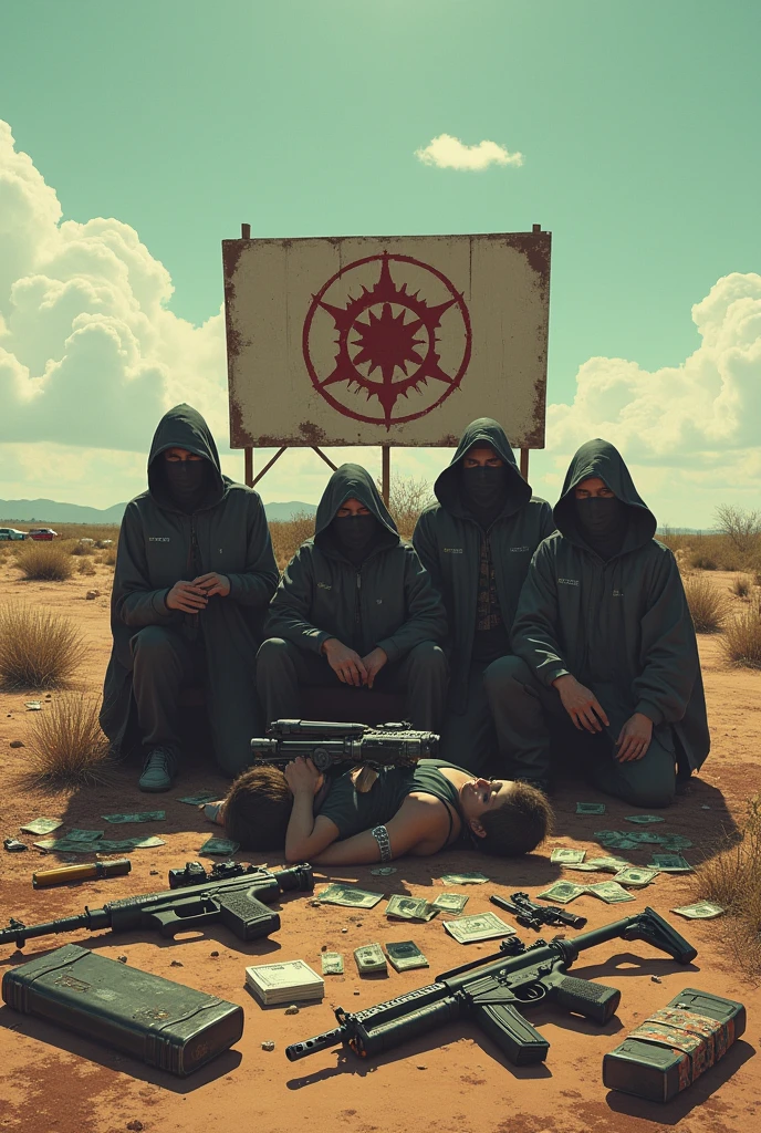 Make me a cartelit guns drugs watch in the middle of nowhere with people they kidnapped with drugs and station wagons and cars and kidnapped people .on a sign behind them is Abu side parting with money on the ground drugs and weapons on the ground and their hands and bombs and bags