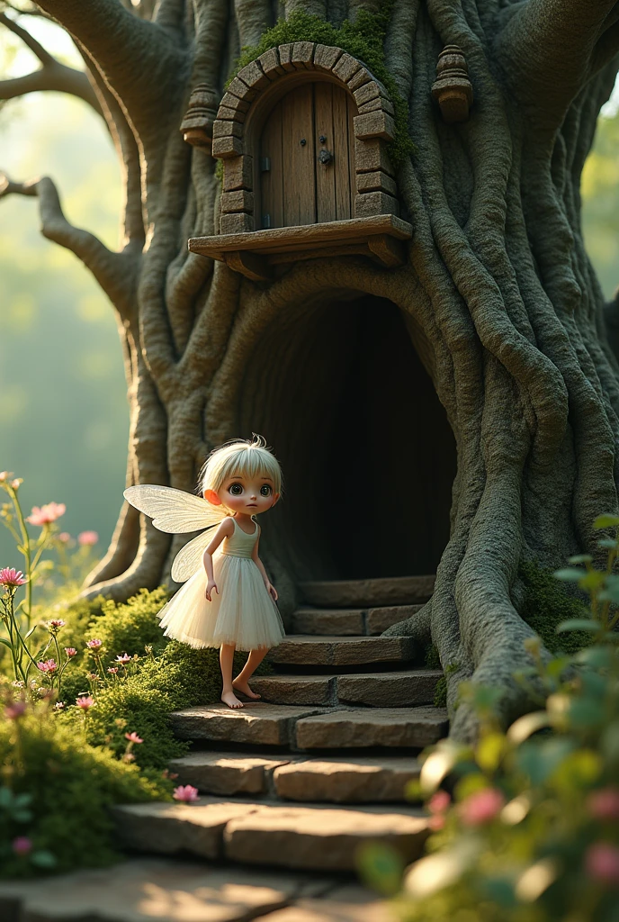 "A hyper-realistic treehouse integrated into the rough, ancient bark of a large, moss-covered tree, captured with the detail and clarity of iPhone photography. The scene features weathered wood and stone steps leading to a rustic, slightly open wooden door at the top. A beautiful, shy fairy with delicate, semi-transparent wings is stepping down the stairs, her face turned towards the camera. Her expression is gentle and curious, with large, expressive eyes and soft, natural features. The fairy has a subtle, ethereal glow, but her appearance is grounded in realism, blending seamlessly with the rugged, natural environment. The background is a lush, blurred forest, with wildflowers and natural foliage adding to the serene atmosphere. The lighting is soft and warm, capturing the golden hour, enhancing the textures of the tree bark and the fairy's delicate skin. Ultra-realistic textures, iPhone photography style, detailed facial features, high-resolution, shallow depth of field, and subtle magical realism."