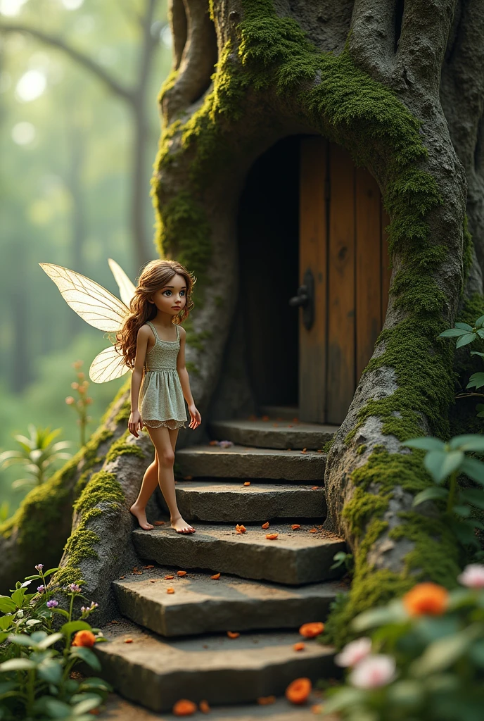 "A hyper-realistic treehouse integrated into the rough, ancient bark of a large, moss-covered tree, captured with the detail and clarity of iPhone photography. The scene features weathered wood and stone steps leading to a rustic, slightly open wooden door at the top. A beautiful, shy fairy with delicate, semi-transparent wings is stepping down the stairs, her face turned towards the camera. Her expression is gentle and curious, with large, expressive eyes and soft, natural features. The fairy has a subtle, ethereal glow, but her appearance is grounded in realism, blending seamlessly with the rugged, natural environment. The background is a lush, blurred forest, with wildflowers and natural foliage adding to the serene atmosphere. The lighting is soft and warm, capturing the golden hour, enhancing the textures of the tree bark and the fairy's delicate skin. Ultra-realistic textures, iPhone photography style, detailed facial features, high-resolution, shallow depth of field, and subtle magical realism."