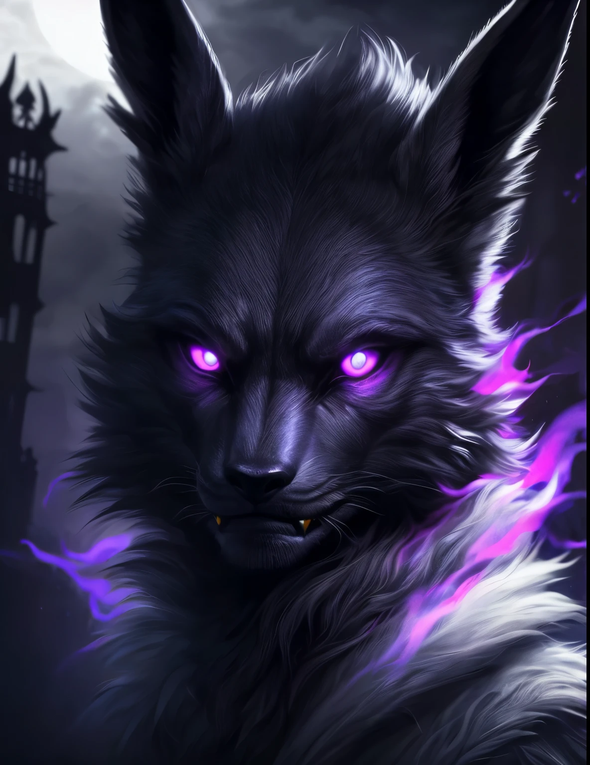 eevee, ebony black, fangs, ghostly violet and purple aura, spooky, nightmare, (best quality,4k,8k,highres,masterpiece:1.2),ultra-detailed,(realistic,photorealistic,photo-realistic:1.37),dark fantasy,highly detailed,surreal,dramatic lighting,cinematic,dark atmosphere,sinister,haunting