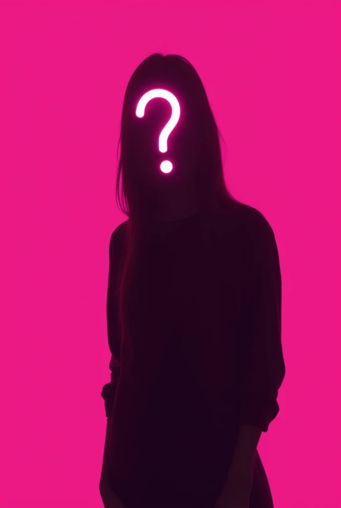 Generate the silhouette of a person from the hip up with a question mark on the face and with a neon background, make it front, something minimalist and the background should be just neon pink, a little more minimalist.