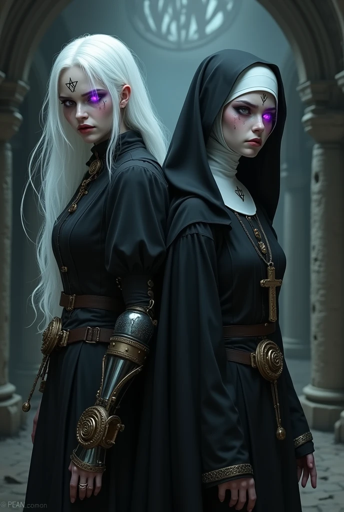 Middle Ages Albino, in dark alchemist clothes, white hair, violet eyes with a pentagram placement and a steampunk prosthesis on the left arm with an expression of anger, with her back against the back of her twin sister dressed in white nun clothes with a cross around her neck and a frightened look.