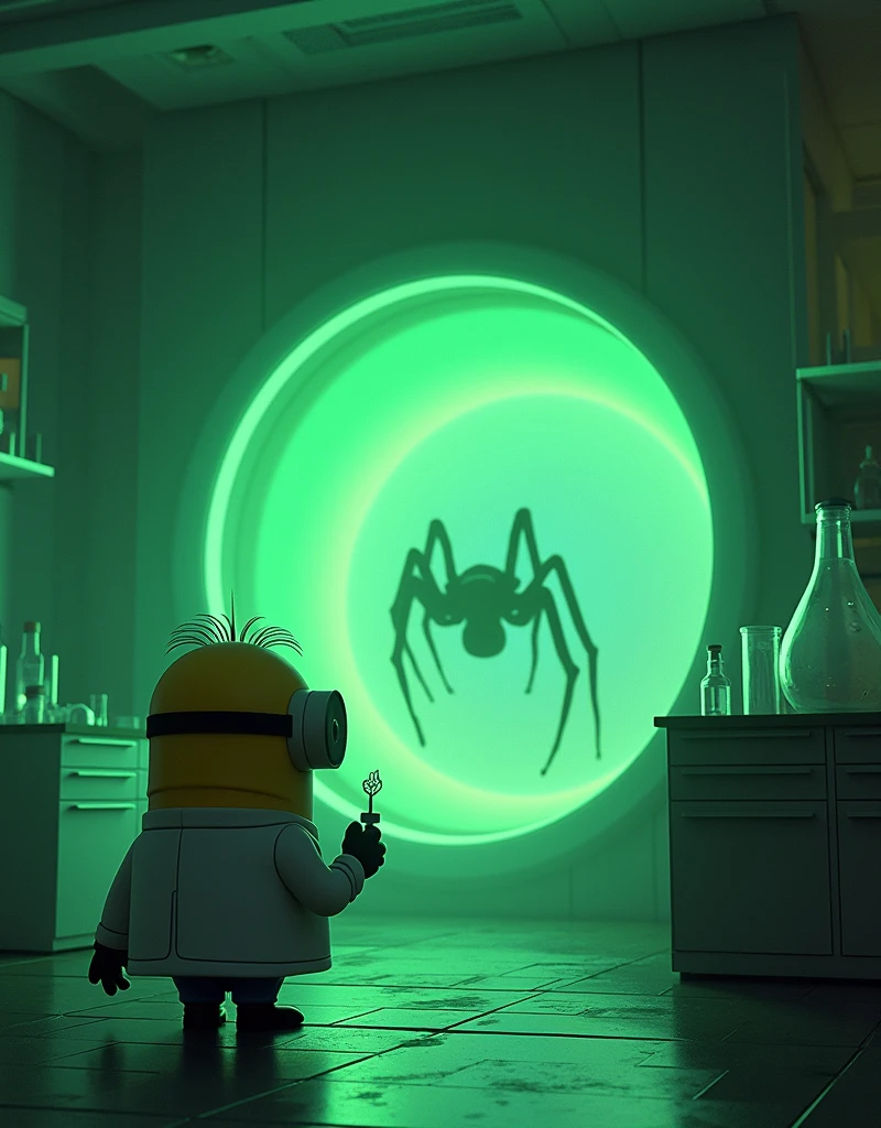 A corner of the lab with a glowing green portal just appeared, smaller but similar space gate in the city. A giant but smaller spider is crawling out of the gate, Minion Kevin turned around with a look of horror., hand still holding a laboratory instrument.