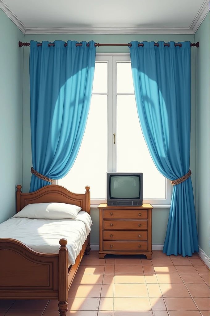 Please draw a realistic room measuring 3 meters by 3 meters.
On each wall, place exactly three sky-blue curtains, all of the same size. The curtains should be perfectly organized and closed, completely covering the walls behind them. There should be no windows or any other details behind the curtains, only the walls.
In one corner of the room, place a simple bed with an antique wooden headboard. The headboard should be against the back wall, and the left side of the bed should be against the left wall.
On the wall directly in front of the bed, place a rack with six drawers, positioned horizontally in the middle of the wall. On top of the rack, place an old tube television.
The floor should be made of old, brownish tiles.
Do not add any details other than those described. Be precise with the quantities and placements specified: exactly three curtains on each wall, no windows, and no additional items.