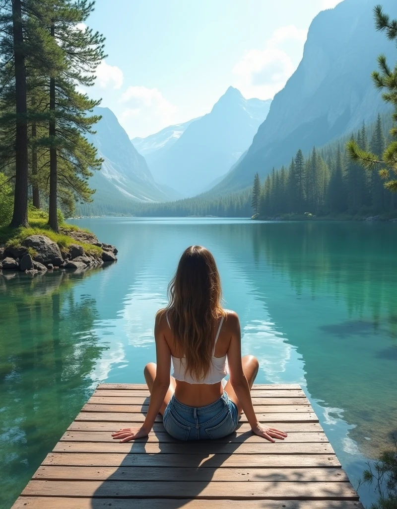 carefree woman sitting on the edge of a wooden dock by a crystal-clear mountain lake, her feet dangling over the water. She’s wearing a comfortable yet fashionable summer outfit, with a loose-fitting tank top and denim shorts. The background features towering pine trees, distant mountains, and the tranquil reflection of the sky in the water, creating a peaceful and picturesque scene