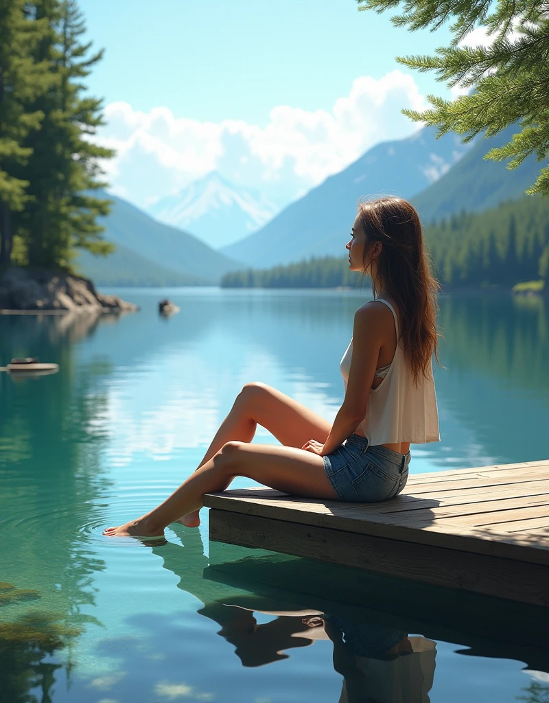 carefree woman sitting on the edge of a wooden dock by a crystal-clear mountain lake, her feet dangling over the water. She’s wearing a comfortable yet fashionable summer outfit, with a loose-fitting tank top and denim shorts. The background features towering pine trees, distant mountains, and the tranquil reflection of the sky in the water, creating a peaceful and picturesque scene