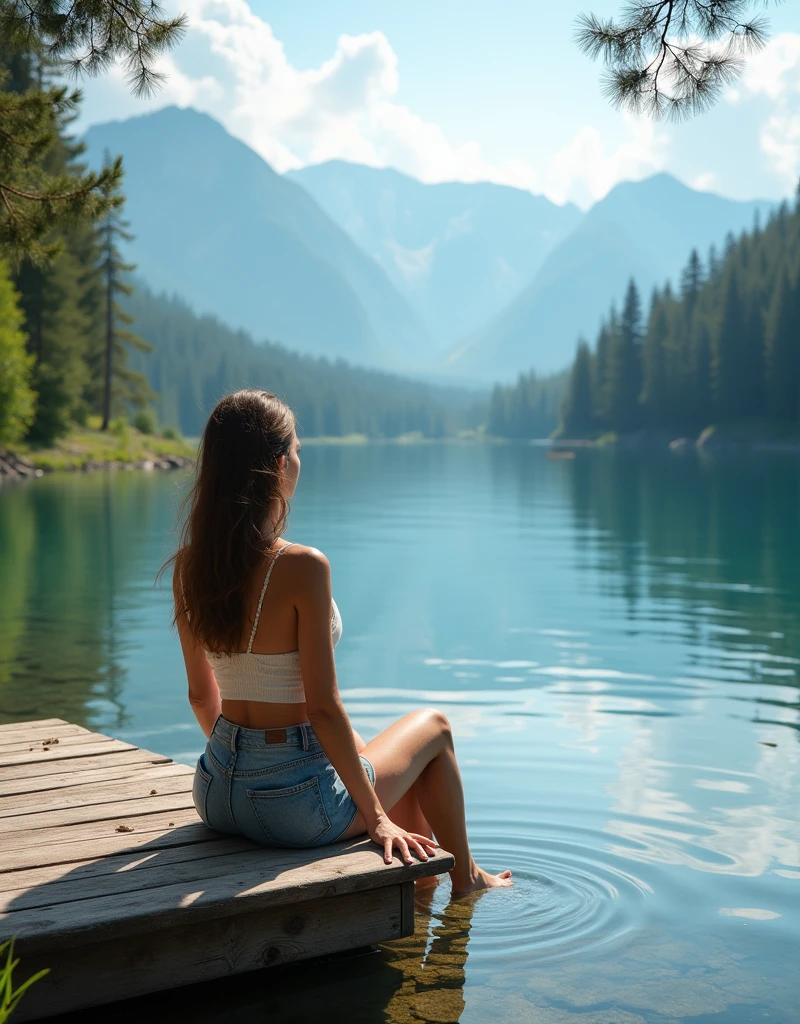  carefree woman sitting on the edge of a wooden dock by a crystal-clear mountain lake, her feet dangling over the water. She’s wearing a comfortable yet fashionable summer outfit, with a loose-fitting tank top and denim shorts. The background features towering pine trees, distant mountains, and the tranquil reflection of the sky in the water, creating a peaceful and picturesque scene