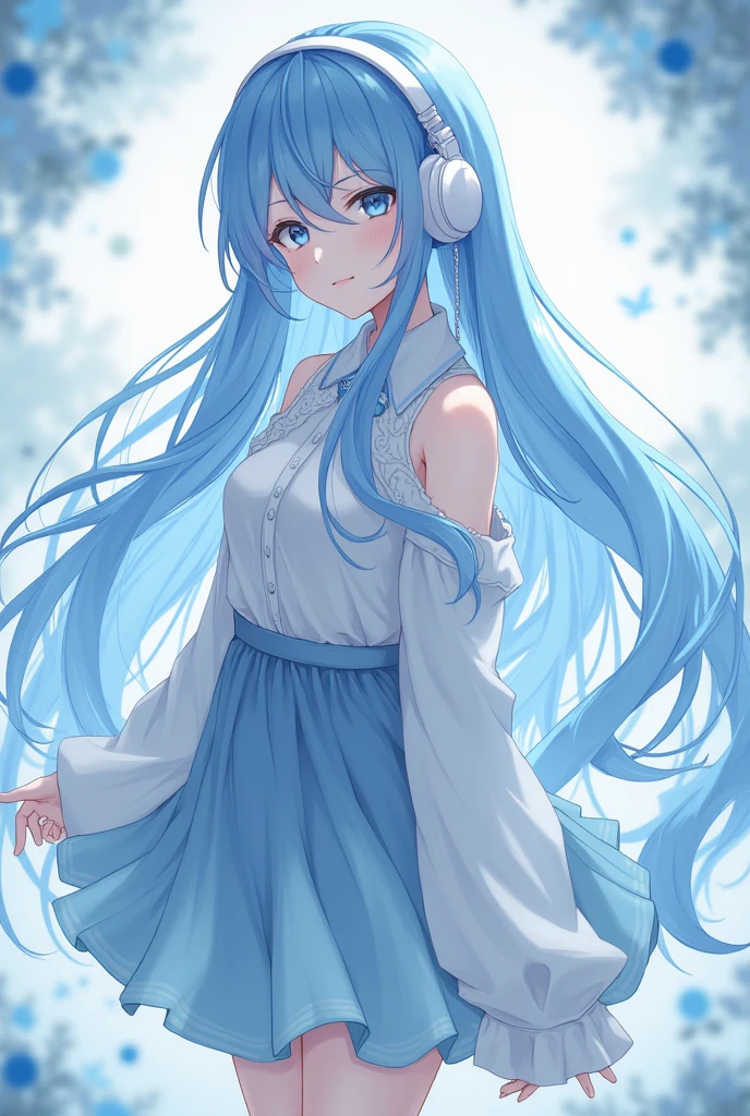 female character , with long blue hair, blue eyes , light blue and white shirt, light blue skirt, sky blue and white socks, sky blue boots, light blue and white headphones, and be an adult.