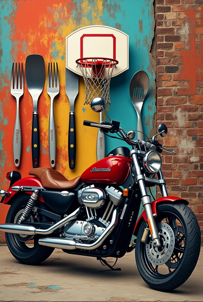 Create a collage with drawings related to chefs, basketball, motorcycles and hotels without characters

