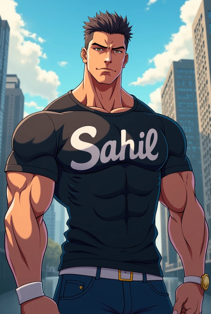 A smart bodybuilder anime wearing stylish shirt with name Sahil