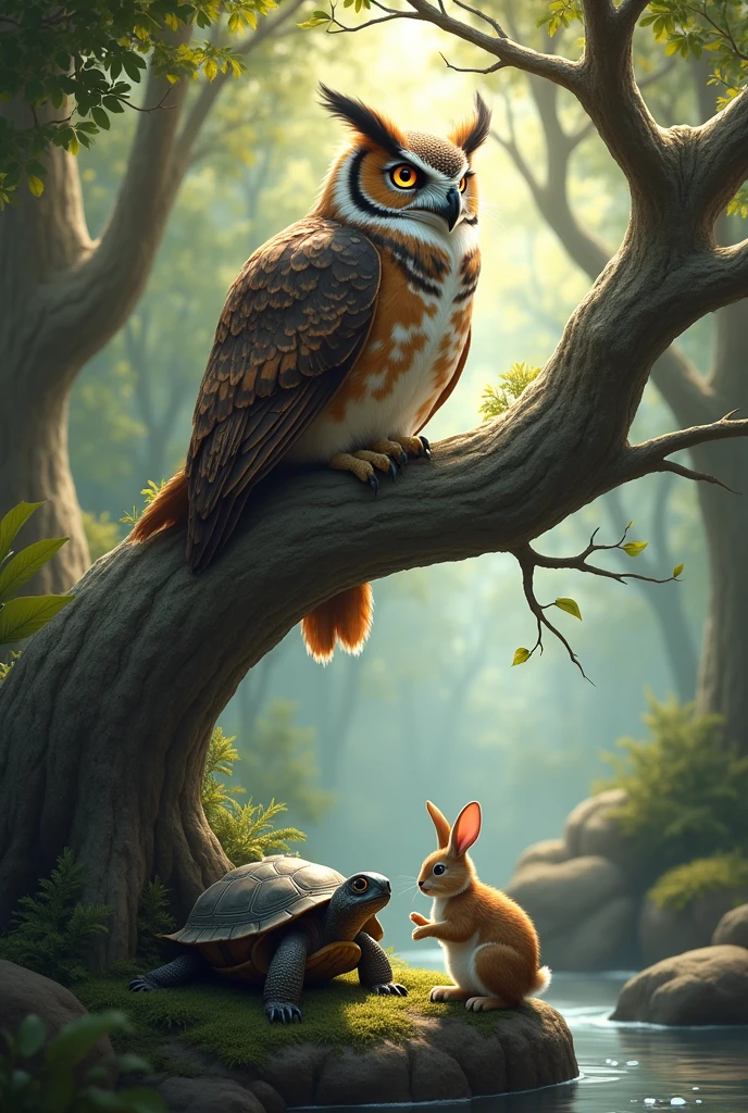 owl on a tree branch watching a turtle and a rabbit