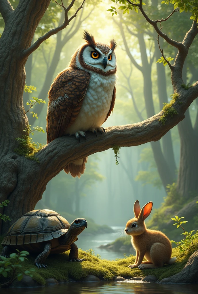 owl on a tree branch watching a turtle and a rabbit