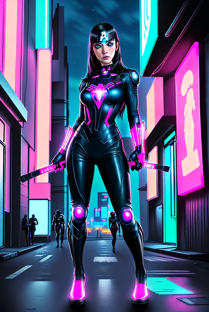 (Realistic 4k full body portrait, slim 18s girl, long straight black hair, long bangs. The girl is an Avenger, she has a superheroine leather suit. She has weapons in both hands. Her face is cute and she has big blue eyes. The background is a very realistic night Cyberpunk city with lots of magenta and blue bright neon signs.