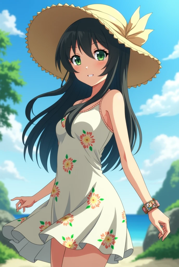 Au Haru Ride screenshot. woman measures 1.68 and has green eyes and black hair, Her skin tone is a little lighter than Kou Kawasaki's., She wears a short floral dress and a beach hat with a ribbon tied around it, and on her left wrist she wears an anime bracelet.