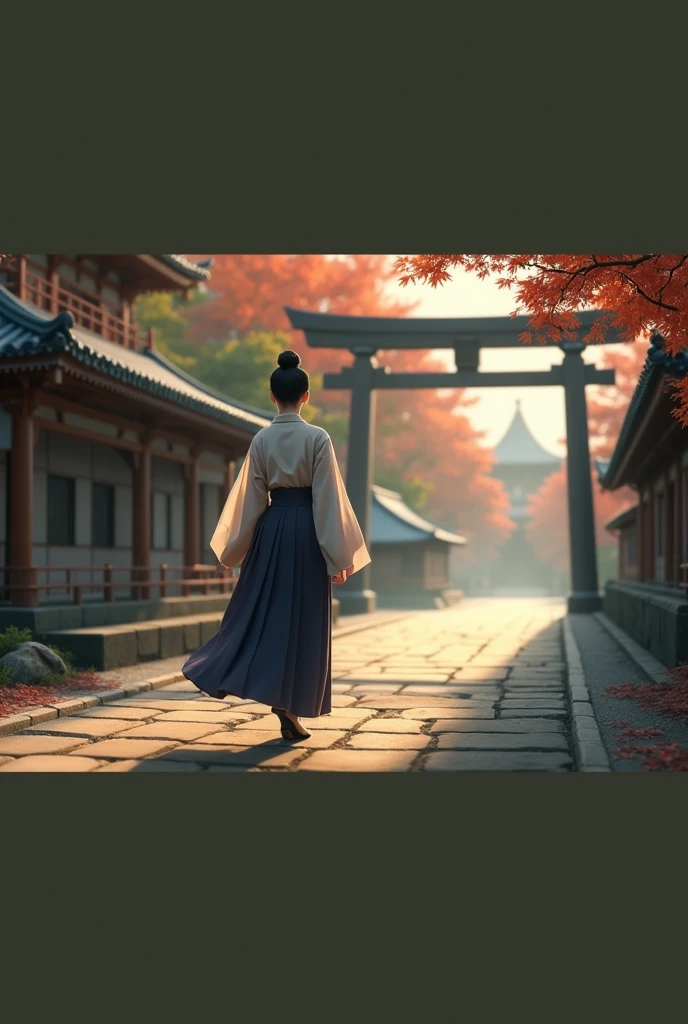 Depict a photorealistic scene of a young Muromachi-era woman in a simple kosode, walking along a stone path through a Shinto shrine. The path leads diagonally into the scene, with a large torii gate in the foreground. Beyond the torii, the main shrine building is visible, framed by vibrant autumn foliage, with red and orange maple leaves gently falling. The morning light is soft, casting long shadows across the path, and the air has a crisp, serene autumnal feel. The woman walks quietly, her figure in harmony with the beautiful autumn surroundings and traditional architecture