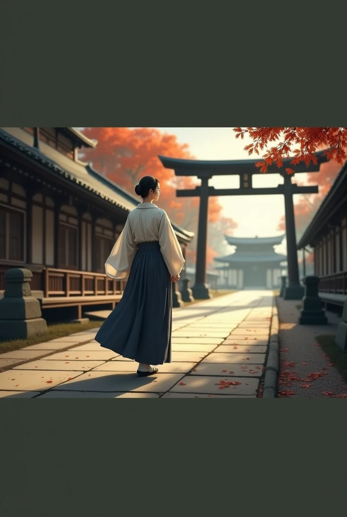 Depict a photorealistic scene of a young Muromachi-era woman in a simple kosode, walking along a stone path through a Shinto shrine. The path leads diagonally into the scene, with a large torii gate in the foreground. Beyond the torii, the main shrine building is visible, framed by vibrant autumn foliage, with red and orange maple leaves gently falling. The morning light is soft, casting long shadows across the path, and the air has a crisp, serene autumnal feel. The woman walks quietly, her figure in harmony with the beautiful autumn surroundings and traditional architecture