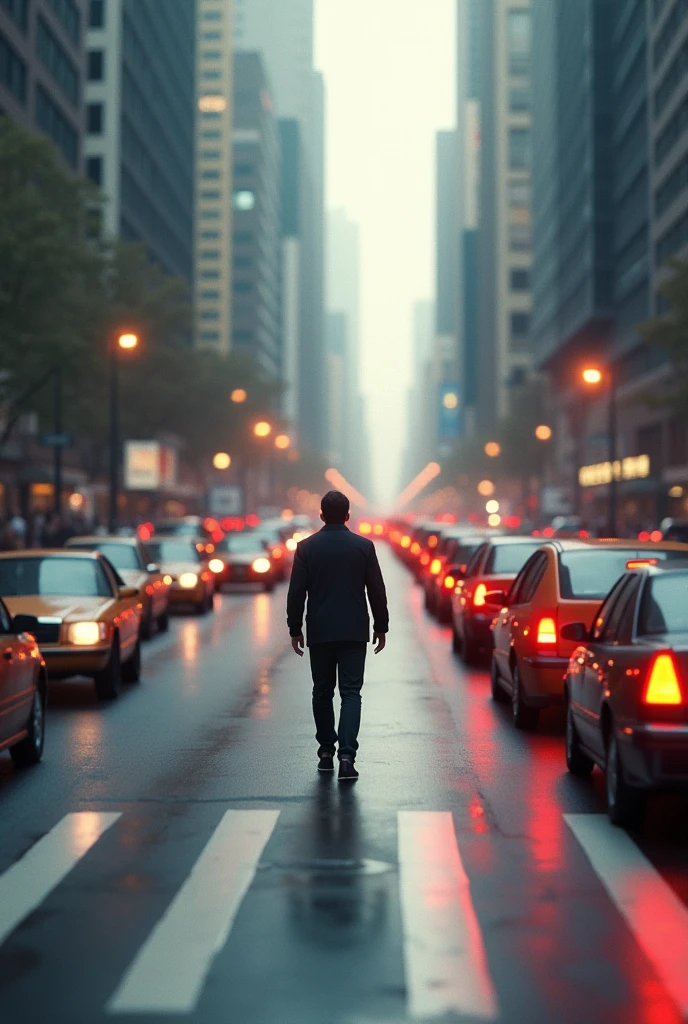 Create an image of a person walking on the street with cars waiting. The image has to represent the risk of traffic. Animated image