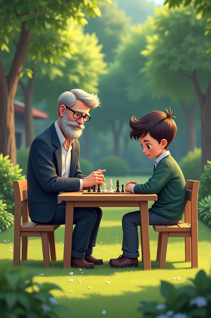 Teacher giving chess lesson in schoolyard