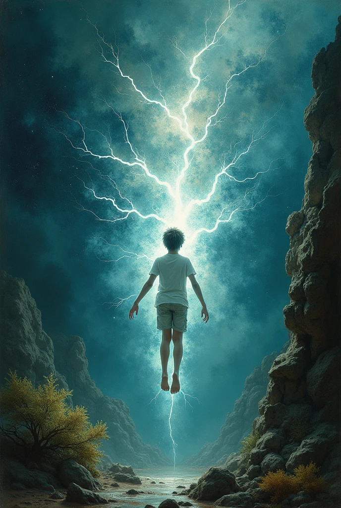 mythological shapeshifting Dark galaxy Thunders and dark galaxy like background and a pale as white teenage boy made light shines brighter than light is floating mid air in a falling position while getting electrocuted in a dark galaxy background, author：Zdzislaw Beksinski和Van Gogh, album covers, dark, surrealism, Futuristic , Heavy Metal, liquid, coral, abstracted, Dark, Blue, Cyan, Green, Dark, faded, landscape