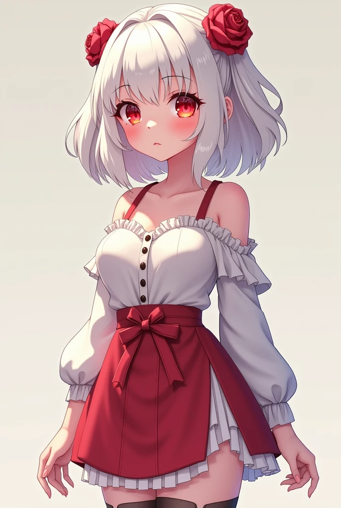Create a beautiful japanese albino having red eyes, white hair, blushes, beautiful rose like layered and wet pussy, perfect tits, wearing full leg torn stockings and off-shoulder loose shirt and a newly styled beautiful skirt, tall, 20 years old girl, perfect looking , perfect anatomy, beautiful face, highly detailed, 3d anime, cartoonic