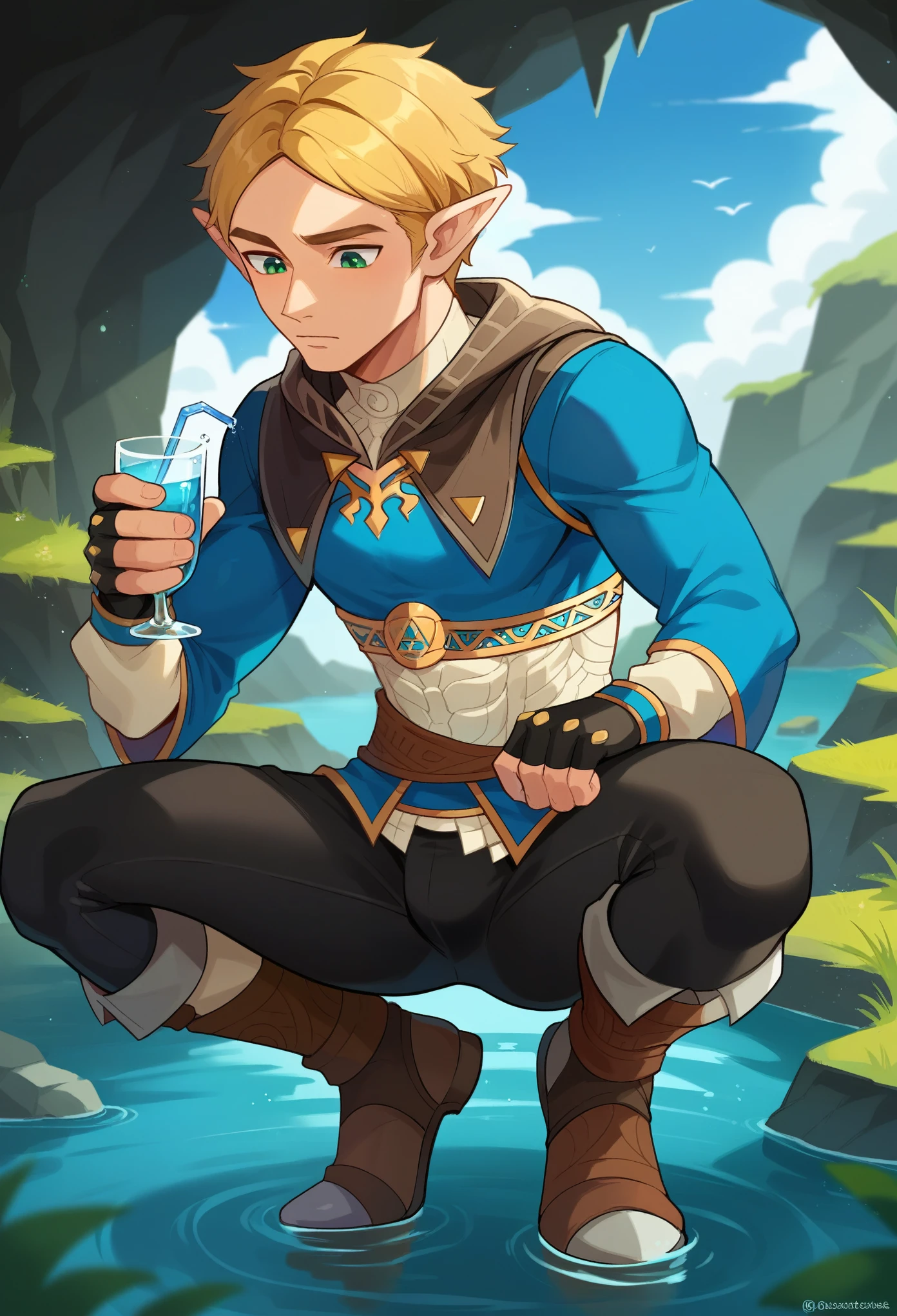 score_9, score_8_up, score_7_up, 1boy, solo, male focus, ZeldaSDXL, princess zelda, short hair, bangs, parted bangs, blonde hair, green eyes,pointy ears, black capelet, blue shirt, puffy sleeves, long sleeves, fingerless gloves, black gloves, black pants, tight pants, crouching, water on hands, drinking water, looking down, inside a cave, lake, shining water