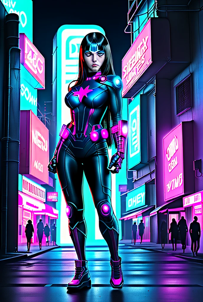 (Realistic 4k full body portrait, slim 18s girl, long straight black hair, long bangs. The girl is an Avenger, she has a superheroine leather suit. She has weapons in both hands. Her face is cute and she has big blue eyes. The background is a very realistic night Cyberpunk city with lots of magenta and blue bright neon signs.