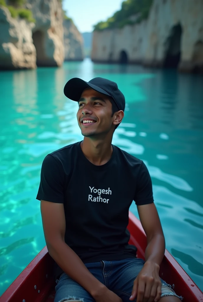 (masterpiece:1.2,Exceptional Quality,mirror-like,Cinematic Experience),8k,wallpaper,Italy,Grotta Azzurra,(Diffuse reflection of light:2.0),a 18 year younger boy sitting on boat, the boy wearing black cap and black tshirt, YOGESH RATHOR name on the tshirt, The boy clear face,cut smile,the boy health and fit body 