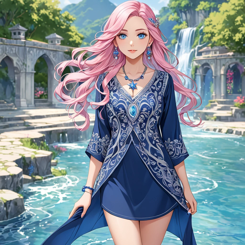 A girl with long, wavy pastel pink hair adorned with a blue streak, styled in loose waves that cascade down her back. She has bright blue eyes that sparkle with a unique power. She wears a practical yet elegant outfit consisting of a fitted tunic in shades of blue and silver, with intricate embroidery and lace details. The tunic is paired with sturdy, knee-high boots and a flowing, asymmetrical skirt that allows for easy movement. She accessorizes with a silver necklace with a star-shaped pendant and matching earrings. A small star-shaped tattoo near her collarbone adds a unique touch to her appearance.