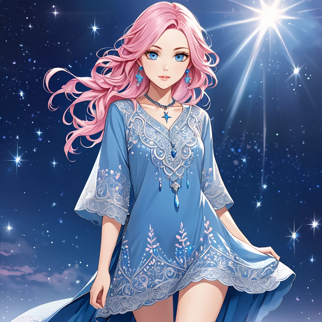 A girl with long, wavy pastel pink hair adorned with a blue streak, styled in loose waves that cascade down her back. She has bright blue eyes that sparkle with a unique power. She wears a practical yet elegant outfit consisting of a fitted tunic in shades of blue and silver, with intricate embroidery and lace details. The tunic is paired with sturdy, knee-high boots and a flowing, asymmetrical skirt that allows for easy movement. She accessorizes with a silver necklace with a star-shaped pendant and matching earrings. A small star-shaped tattoo near her collarbone adds a unique touch to her appearance.

