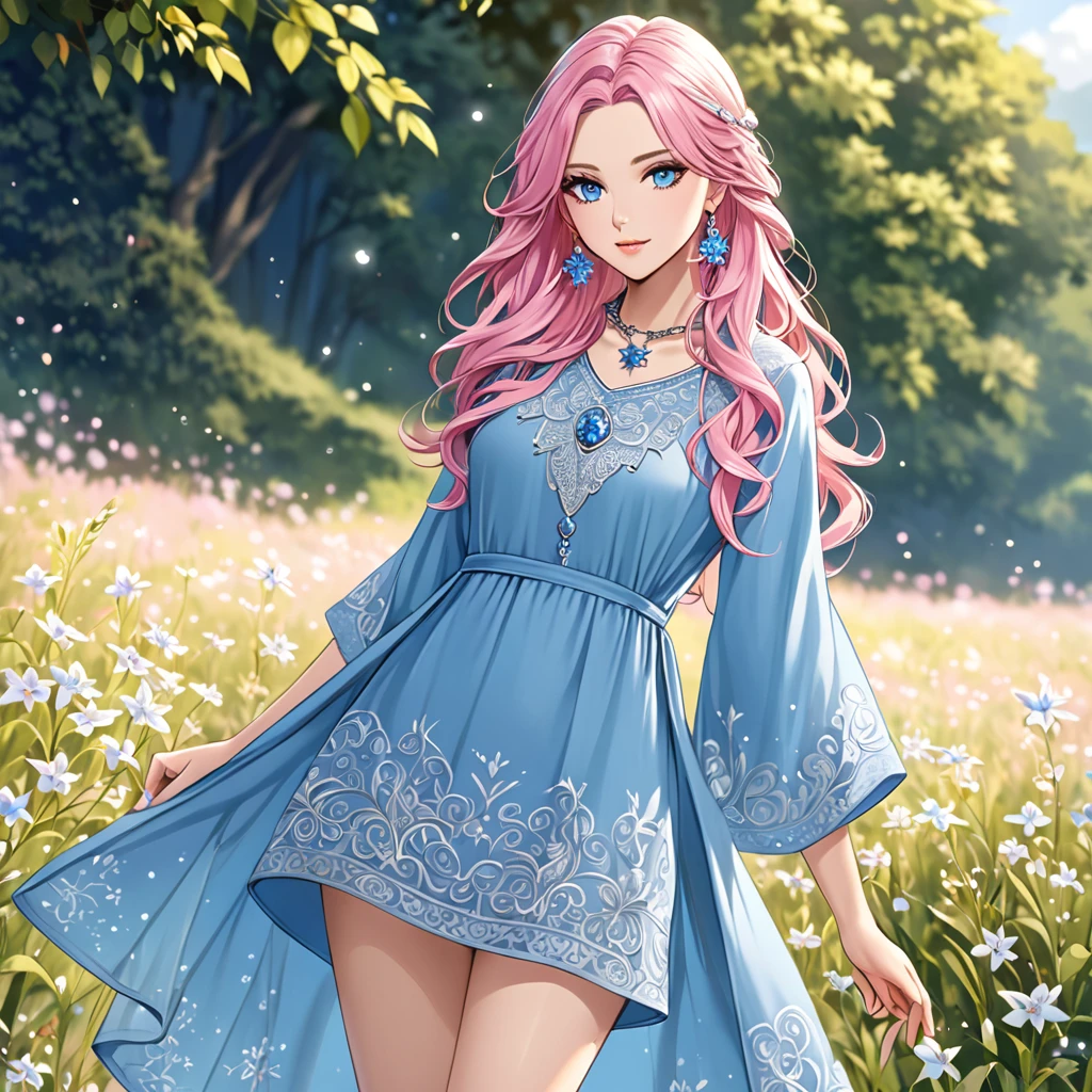 A girl with long, wavy pastel pink hair adorned with a blue streak, styled in loose waves that cascade down her back. She has bright blue eyes that sparkle with a unique power. She wears a practical yet elegant outfit consisting of a fitted tunic in shades of blue and silver, with intricate embroidery and lace details. The tunic is paired with sturdy, knee-high boots and a flowing, asymmetrical skirt that allows for easy movement. She accessorizes with a silver necklace with a star-shaped pendant and matching earrings. A small star-shaped tattoo near her collarbone adds a unique touch to her appearance.