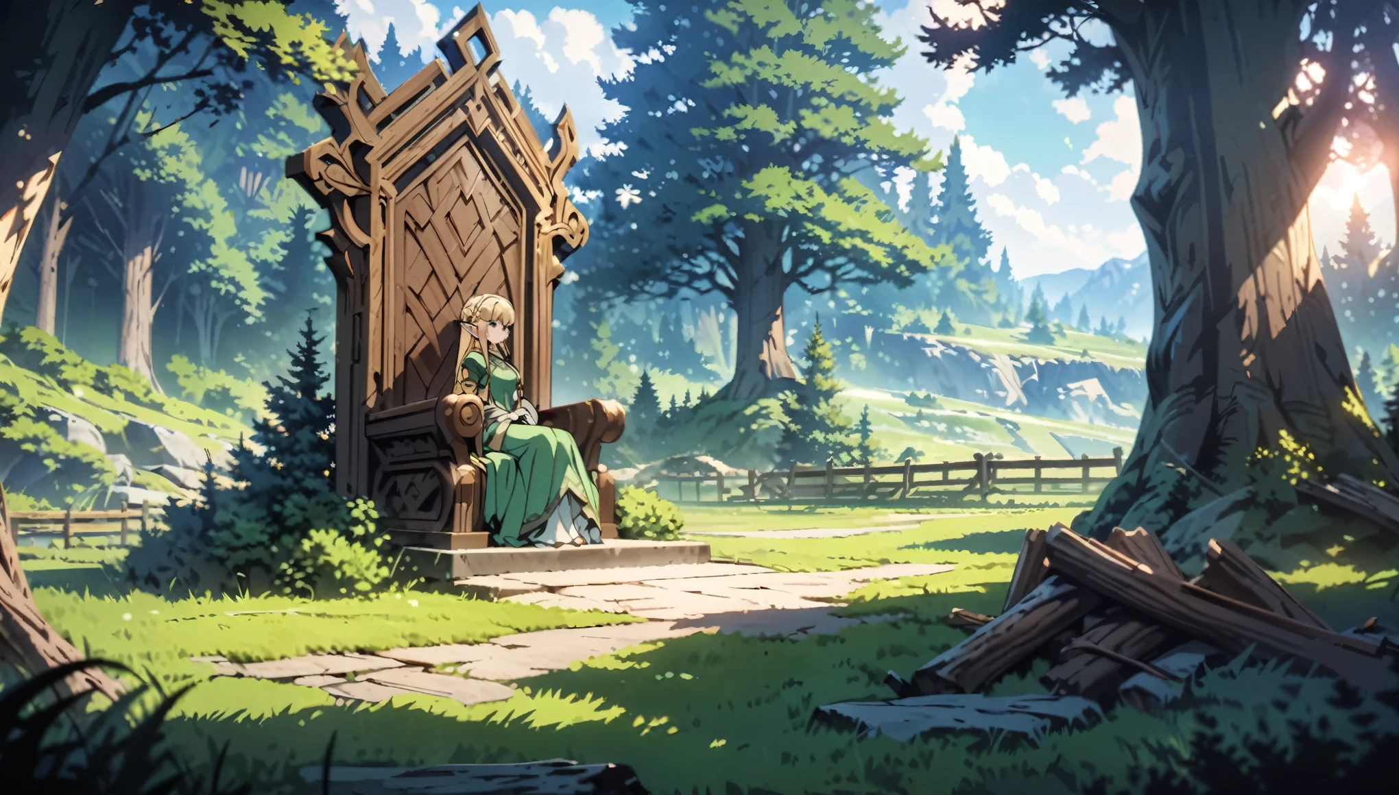 anime aestetics, anime scenery, green forest, throne made of wood, elf woman sitting on the throne, beautiful slim face, elven ears, long blonde hair, braid haircut, beautiful bright green dress, wearing golden tiara, bright day, landscape scenery, oak trees and pine trees on the background, wide shot, view from left, atmospheric perspective,4k, best quality, super detailed, (masterpiece: 1.5), 16k
