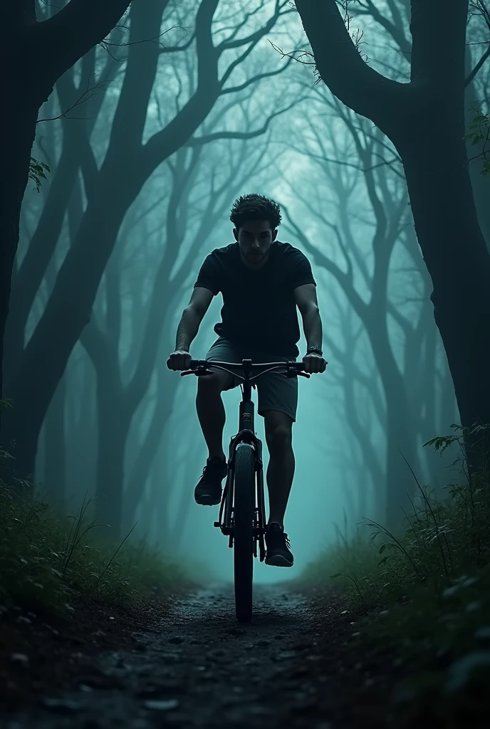 (best qualityer,4K,8k,high resolution,work of art:1.2),ultra detali,(realisitic,photorealisitic,photo-realisitic:1.37) youg man riding a bike in a spooky forest at night