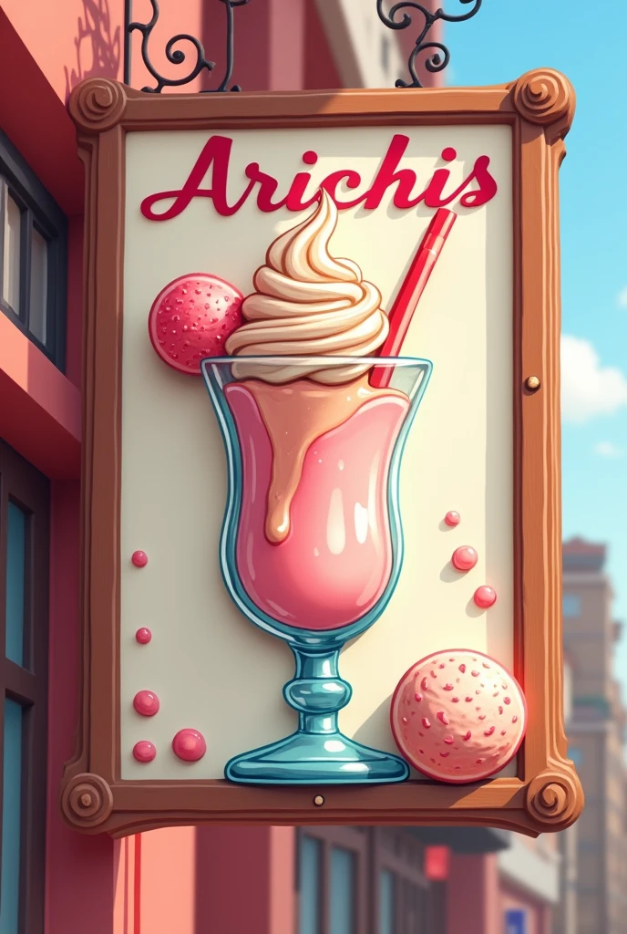 For a sign for an ice cream shop with the name Arichis Let the ice cream be in a glass, not a cone
