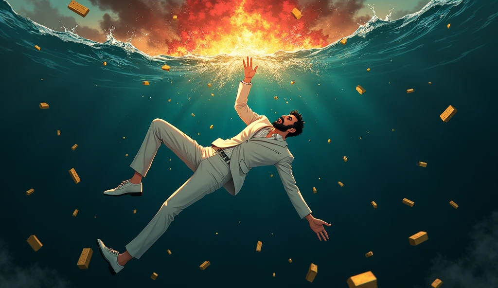 Create a anime style landscape image. an anime style under the water image showing a surreal and dramatic scene of a male person in a white suit, white shoes, and sinking into deep, The man has dark hair, thik beard and light skin, dark waters, surrounded by floating gold bars. The figure appears to be floating helplessly, as if falling through the water, with their arms means hands and legs extended and head tilted back. and "his body is oriented horizontally with his back facing the viewer". Above the surface of the water, visible through the distorted view of the depths, there is a fiery explosion, casting a chaotic blend of red, orange, and yellow light onto the water. The gold bars around the person seem to be floating and tumbling through the water, giving the impression of wealth lost in the chaos. The mood should be somber and intense, highlighting themes of loss, wealth, and the overwhelming force of destruction. Camera view left side long shoot.
